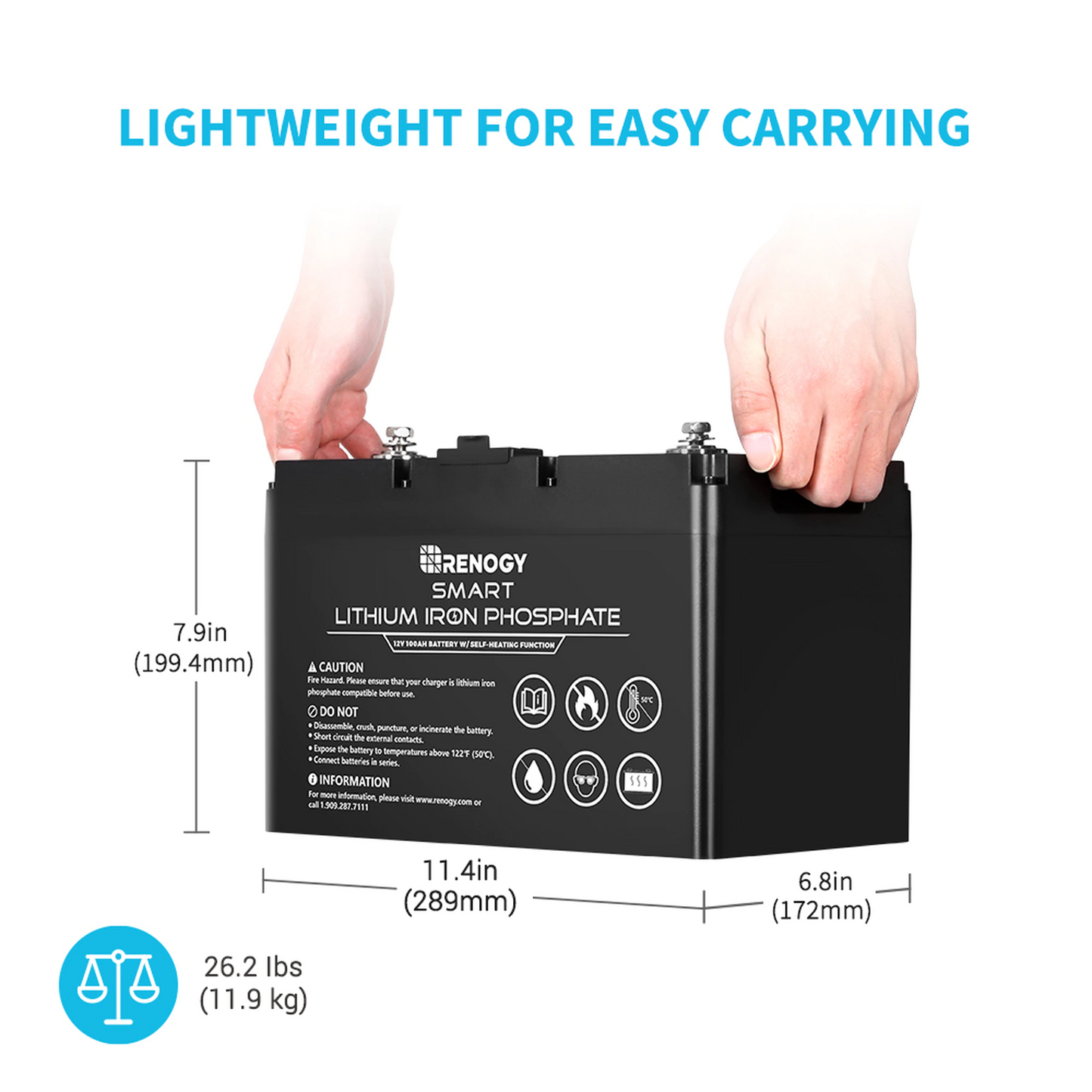 Renogy 12V 100Ah Smart Lithium Iron Phosphate Battery w/ Self-Heating Function