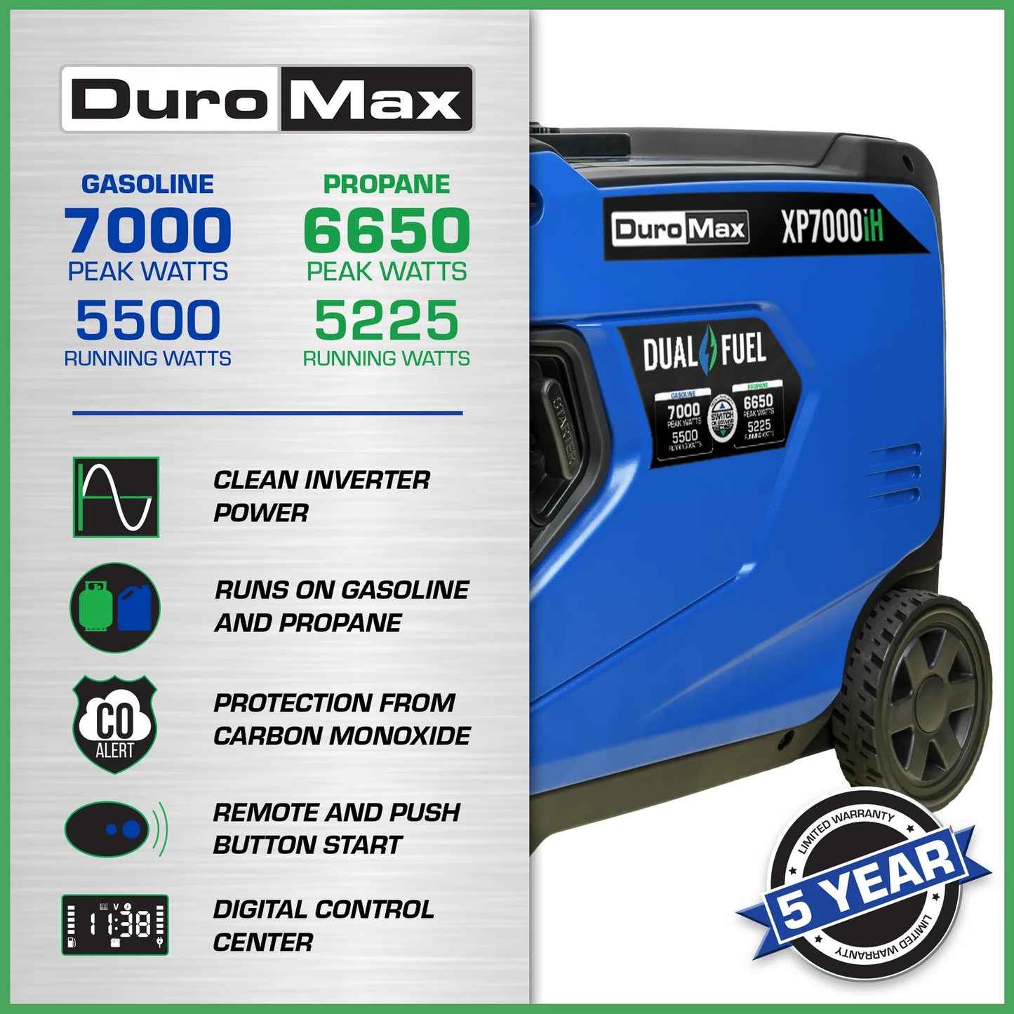 DuroMax XP7000iH Watt Portable Dual Fuel Inverter Generator w/ CO Alert